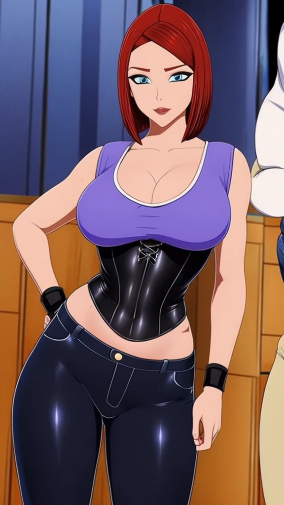 A sexy girl big breast short red hair round her blue eye wears purple corset and tight black pants big thigh