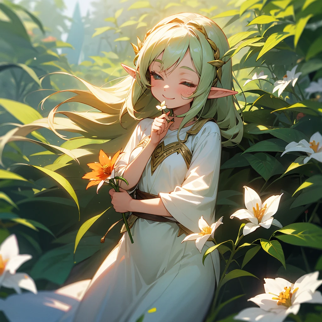 A sweet elf girl, slightly leaning towards the ground and holding a flower in her hand, smiles with her eyes closed