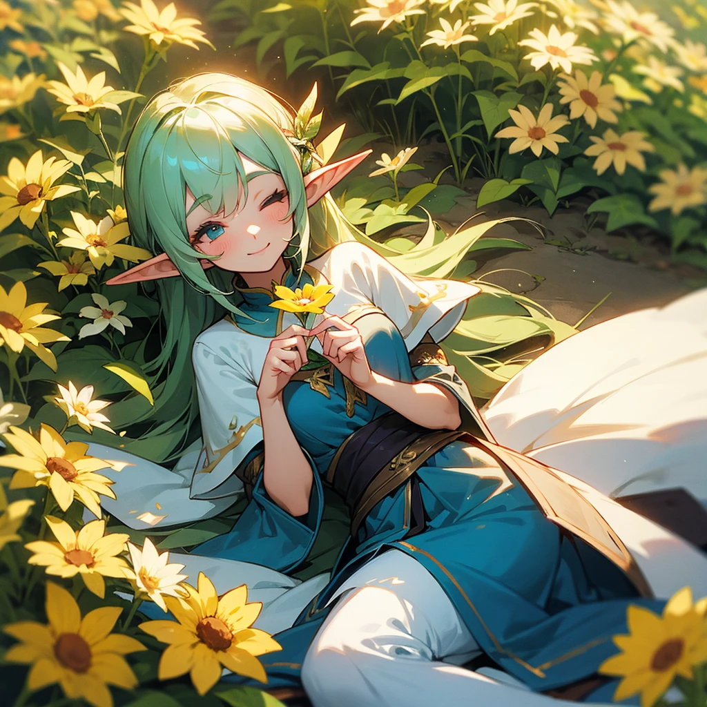 A sweet elf girl, slightly leaning towards the ground and holding a flower in her hand, smiles with her eyes closed