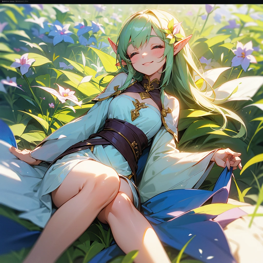 A sweet elf girl, slightly leaning towards the ground and holding a flower in her hand, smiles with her eyes closed