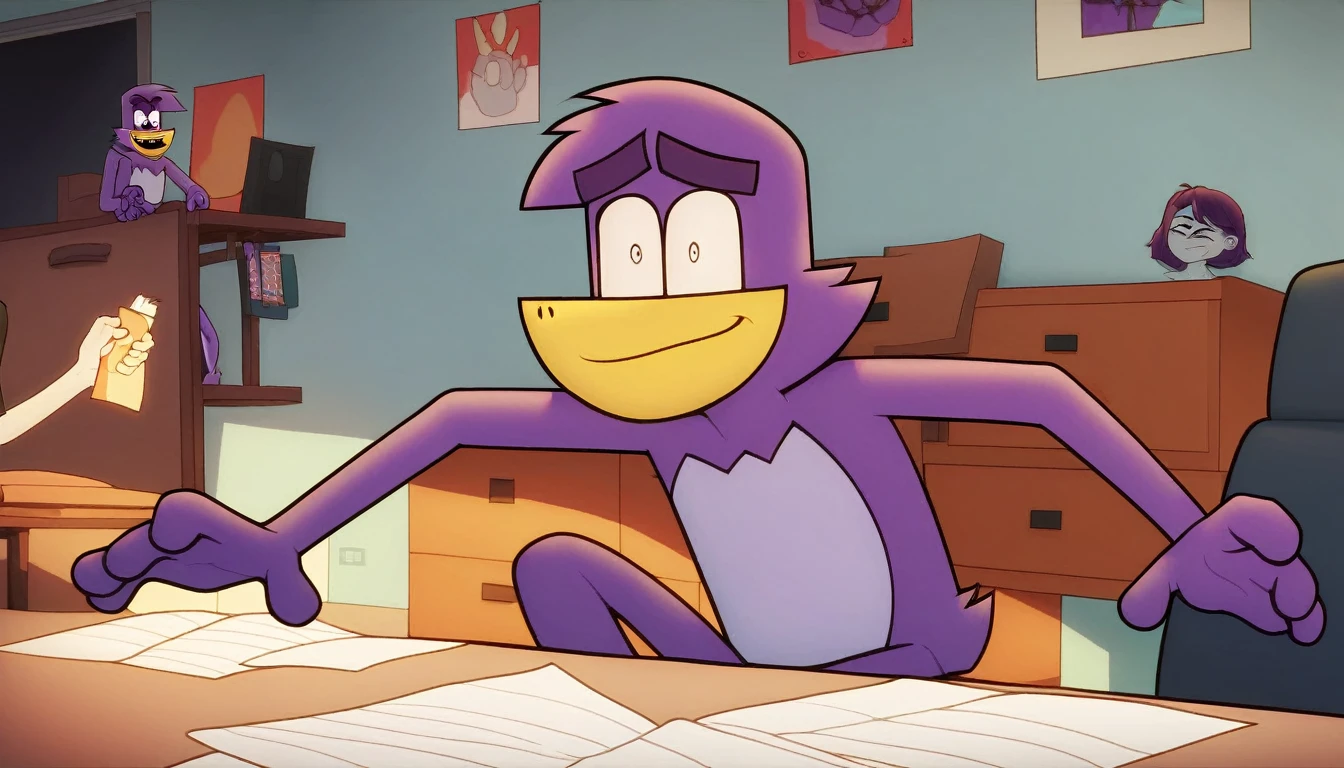 badmascot, purple hair, pokemon (creature), furry, constricted pupils, mascot score_9, score_8_up, score_7_up, score_6_up, score_5_up, score_4_up hugged by a human , smile, smiling, happy