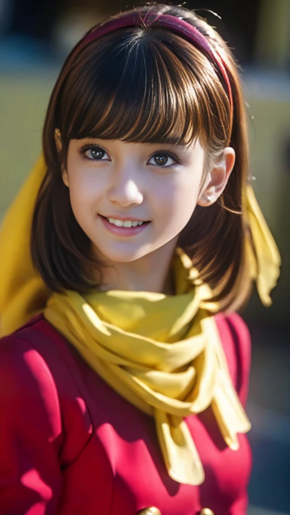 masterpiece、Yellow scarf、Big gold button、1 beautiful girl、Beautiful Eyes、smile,Puffy eyes、highest quality, 超High resolution, (reality: 1.4), Cinema Lighting、so beautiful、Beautiful Skin、Body facing forward、Upper Body,(Ultra-realistic)、(High resolution)、(8k)、(Very detailed)、(Beautiful Eyes)、(Very detailed)、 (wall-)、Detailed face、Bright lighting、Professional Lighting、Looking at the audience、Look straight ahead、Diagonal bangs、Perfect cosplay,masterpiece, highest quality, Outdoor,1 girl,
 Cyborg 003,