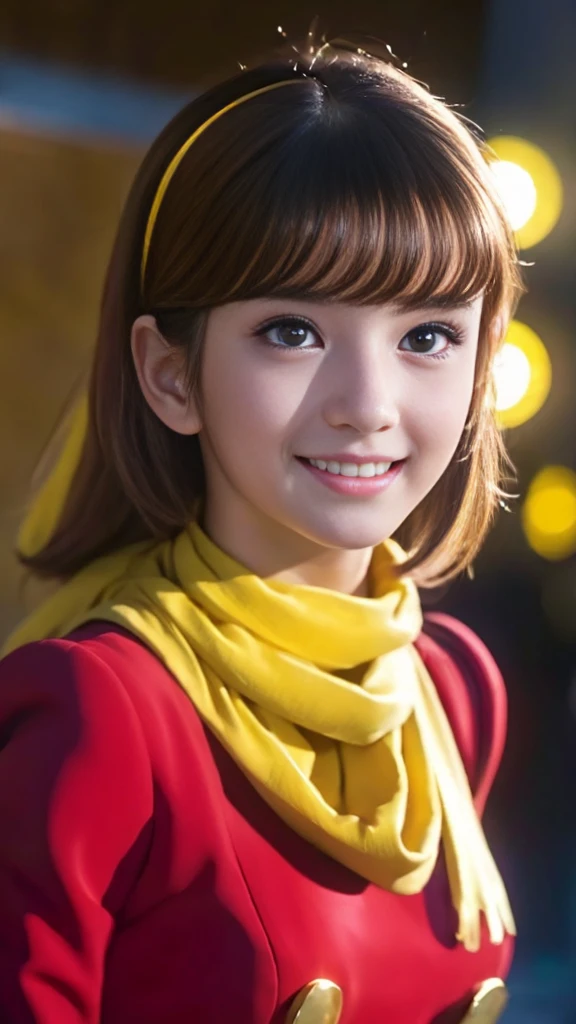 masterpiece、Yellow scarf、Big gold button、1 beautiful girl、Beautiful Eyes、smile,Puffy eyes、highest quality, 超High resolution, (reality: 1.4), Cinema Lighting、so beautiful、Beautiful Skin、Body facing forward、Upper Body,(Ultra-realistic)、(High resolution)、(8k)、(Very detailed)、(Beautiful Eyes)、(Very detailed)、 (wall-)、Detailed face、Bright lighting、Professional Lighting、Looking at the audience、Look straight ahead、Diagonal bangs、Perfect cosplay,masterpiece, highest quality, Outdoor,1 girl,
 Cyborg 003,