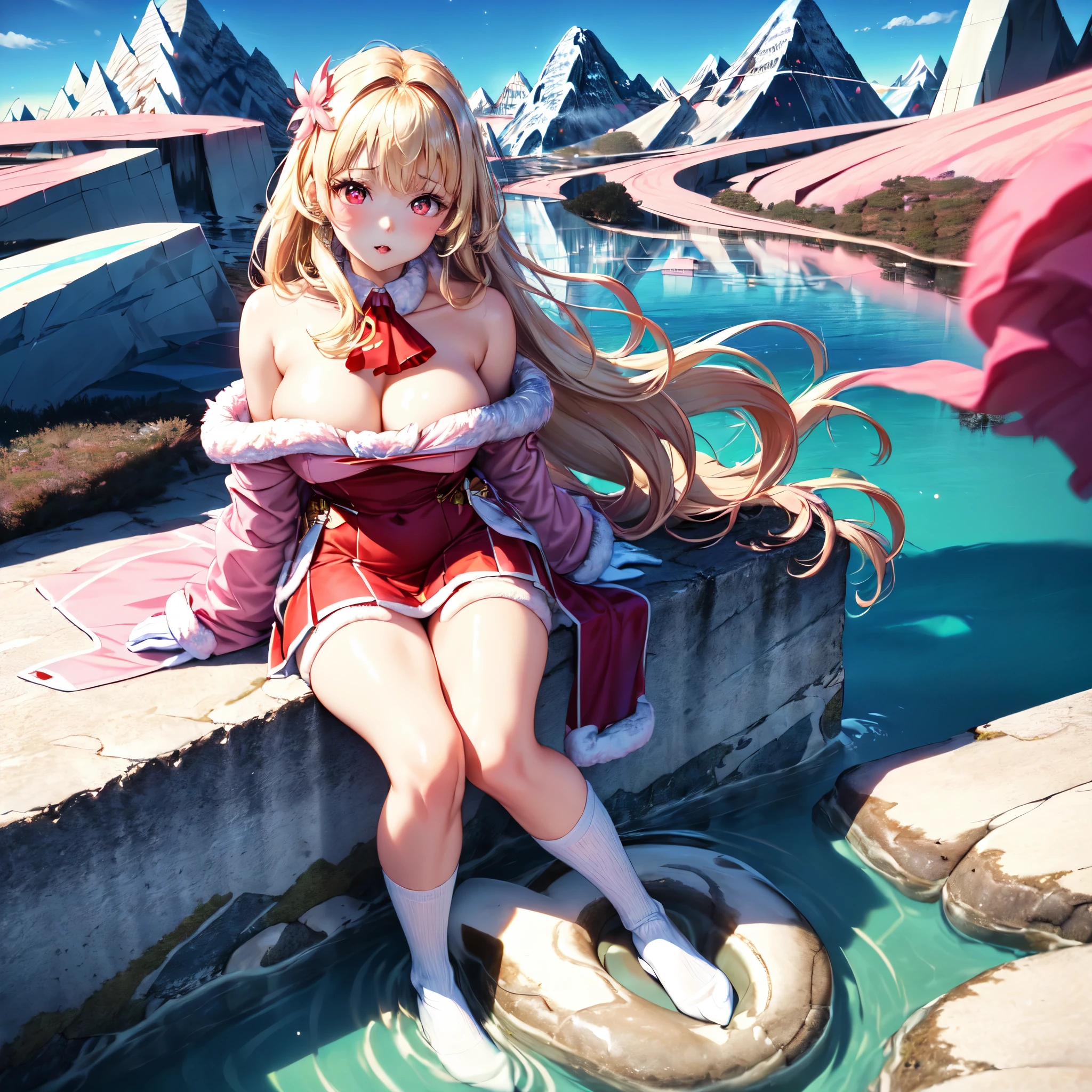 official art, masterpiece, sharp focueautiful gorgeous cute Korean woman:1.3), (beautiful cute korean:1.3), (beautiful and aesthetic:1.4), korean beauty, Delicate and beautiful hair and eyes and face, realistic, ultra detailed, beautiful girl, blue sky, glow white particle, (sidelighting:1.2), sun light, white cloud, detailed clouds, slender, Lovely very large breasts and very large hips,showing pink slip and lovely lips, (((shy and aroused, pink Star-shaped pupils, Red eyes)), (((Cuteness:1.7)), scenery, long straight hair, sexy facial expression, (mountainscape:1.7), dynamic hair, blonde long straight hair, detailed hair, streaked hair, glow pink eyes, sitting elegant in water while bathing in stream (shoulder strap+fur coat over an off shoulder sweater+ red Ascot dress+cute pink skirt+princess pink cute collar+ white off shoulder blouse), white long socks, pale skin, epic scenery, hair ornament, Princess white gloves, appealing, (((Seduction:1.3))), air blow blonde long hairs, long black socks, 1 anime girl pretty cute