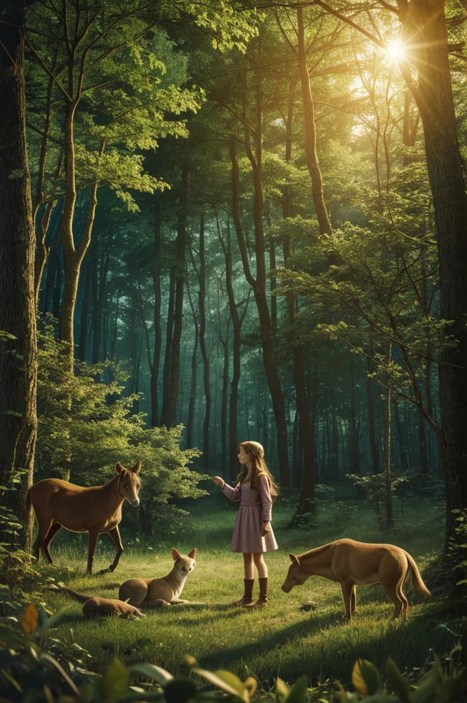 Illustration for a fairy tale about a girl, standing in the forest, who can talk to animals