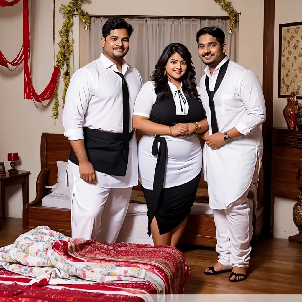 A real  full body image man & curvy chubby woman, Indian couple is standing looking in camera in decorated bedroom, and girl helping tie up with her hands, both seem to be in a romantic mood,  boy is wearing white shirt, black tie, and girl is wearing a red hot saree, with Bangle, both are looking indian pretty, smiling and stylish hair, 