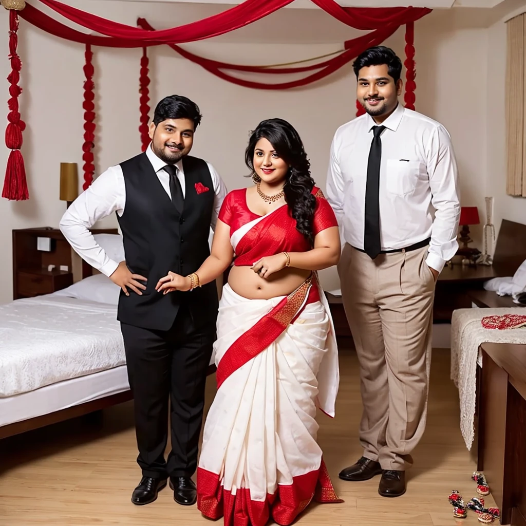 A real full body image man & curvy chubby woman, Indian couple is standing looking in camera in decorated bedroom, and girl helping tie up with her hands, both seem to be in a romantic mood, boy is wearing white shirt, black tie, and girl is wearing a red hot saree, with Bangle, both are looking indian pretty, smiling and stylish hair,