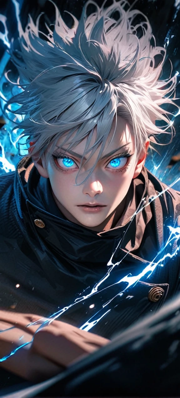  High quality, ultra realistic,absurdres, highres, ultra detailed, HDR, masterpiece, extremely detailed face and eyes,  Gojo satoru , jujutsu kaisen,, white hair ,black shirt , solo, ,man, handsome, ,white eyeleshes, blue eyes , Epic fight scene, blue splashing effect,blue lightning  effect,glowing glitters , close up,cool eyes, symetrical 