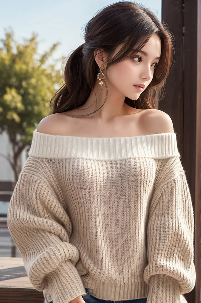 ((Highest quality)), ((masterpiece)), (detailed), One girl, Off-the-shoulder sweater, 