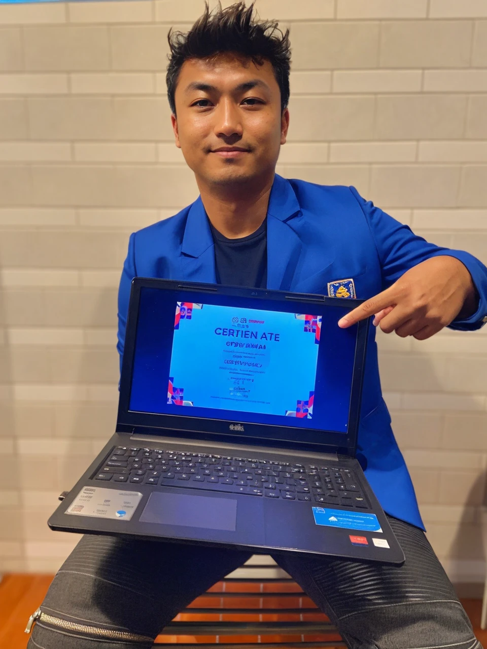"A tanned man with a round face and short hair, wearing a blue suit with a logo on the chest pocket. His expression is calm and confident, with his arms crossed in front of his chest. The background of the photo has been removed to show only the man."
