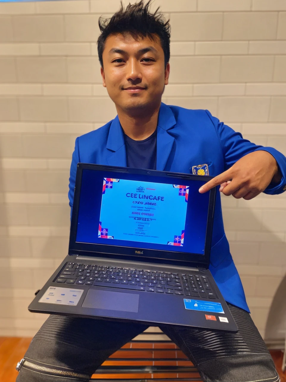 "A tanned man with a round face and short hair, wearing a blue suit with a logo on the chest pocket. His expression is calm and confident, with his arms crossed in front of his chest. The background of the photo has been removed to show only the man."

