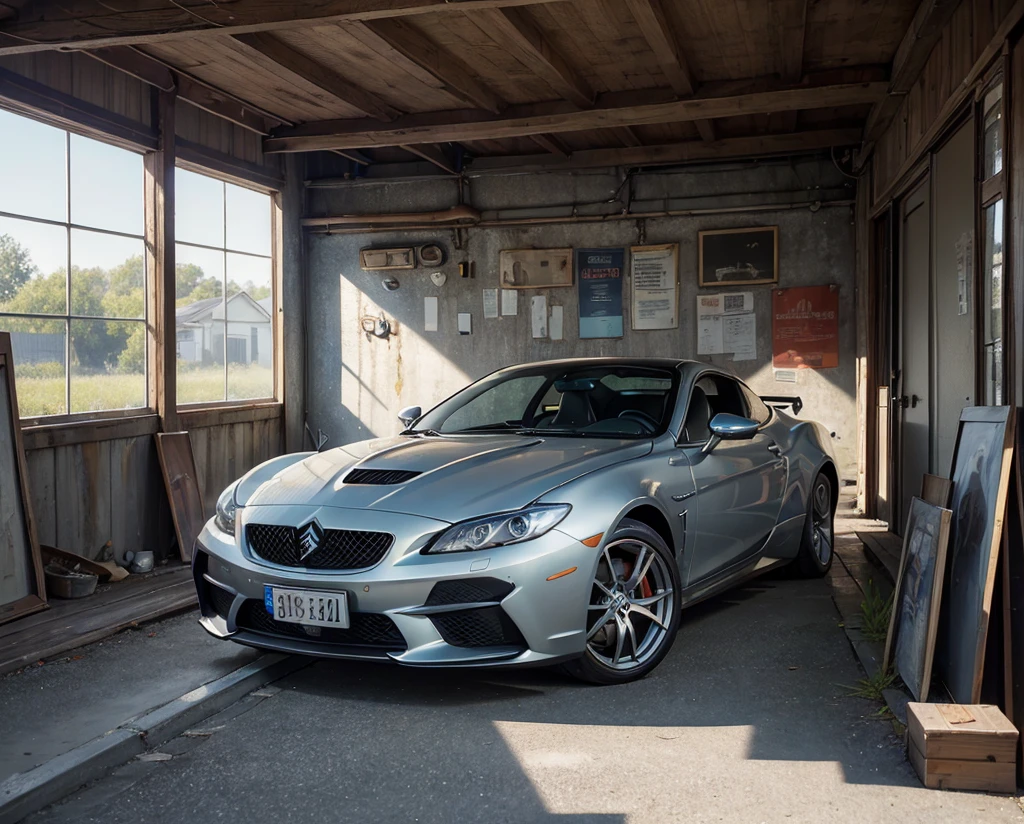 ((masterpiece)), (Highest quality),, Official Art, Highly detailed CG Unity 32K wallpaper, Hyperreal Photography:1.44,Photographing cool cars designed by Pininfarina:1.44、Old garage、Old signs、Old house、