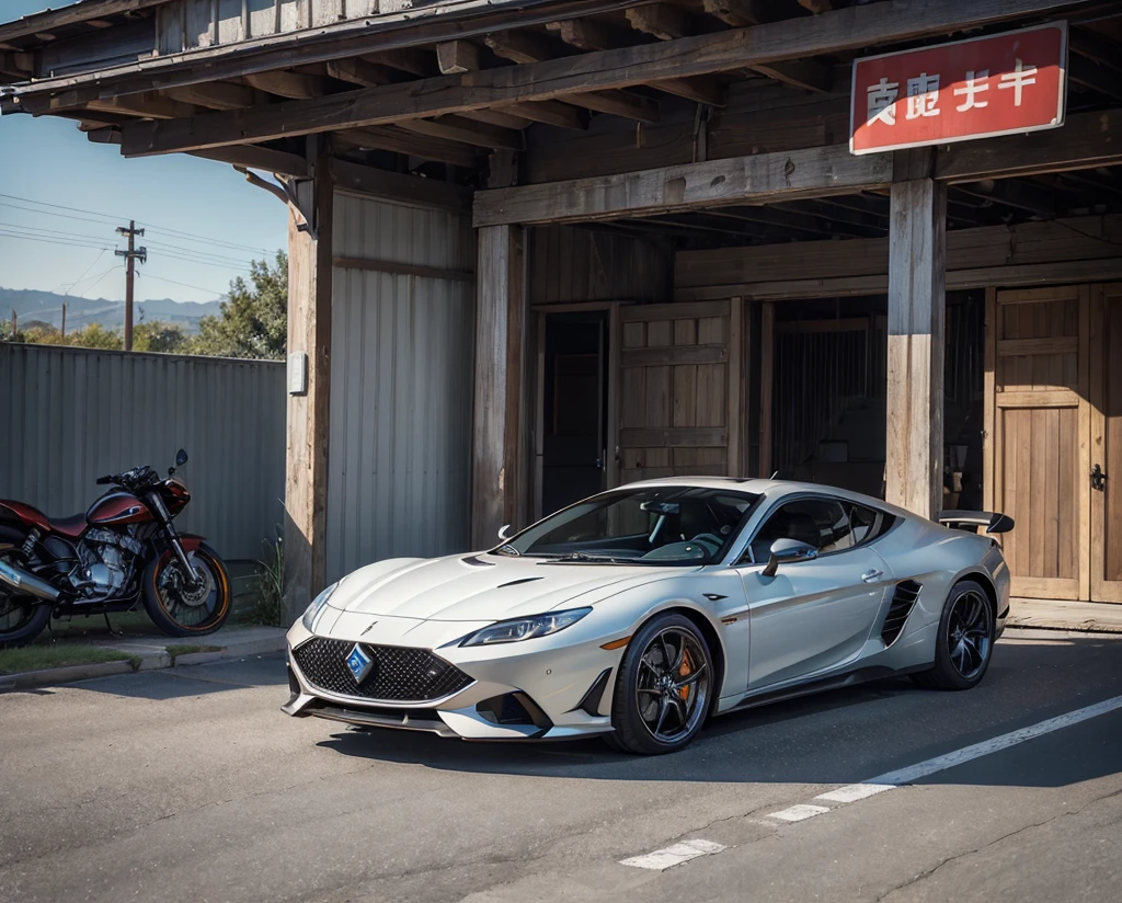 ((masterpiece)), (Highest quality),, Official Art, Highly detailed CG Unity 32K wallpaper, Hyperreal Photography:1.44,Photographing cool cars designed by Pininfarina:1.44、Old garage、Old signs、Old house、