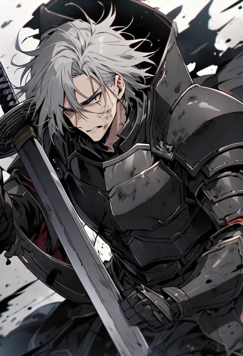 Man with long grey hair 28 years old Holding a Japanese sword Black armor is dirty and cracked