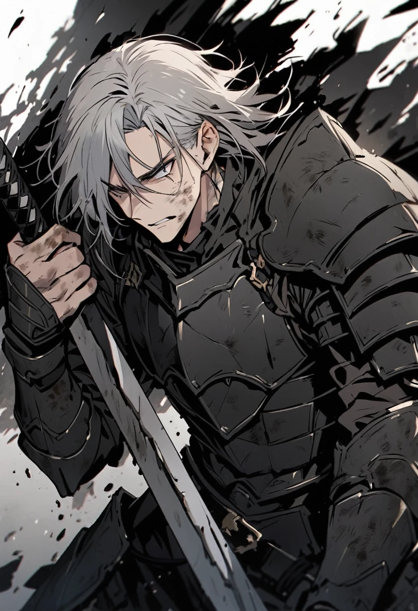 Man with long grey hair 28 years old Holding a Japanese sword Black armor is dirty and cracked