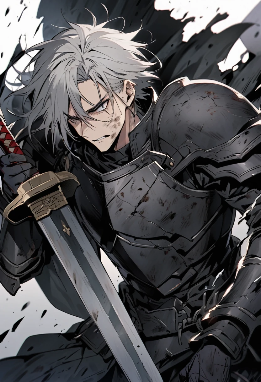 Man with long grey hair　28 years old　Holding a Japanese sword　Black armor is dirty and cracked　
　