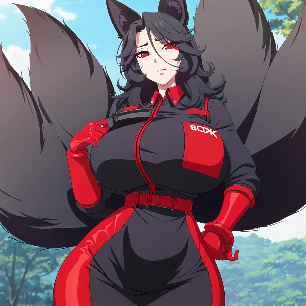 a beautiful detailed black kitsune girl, long black kitsune ears, multiple black kitsune tails, red and black mechanic outfit, 8k, anime style, red eyes, big breasts, extremely detailed eyes and face, ultra-detailed, 4k, high quality, vibrant colors, long black hair, mature woman, wide waist