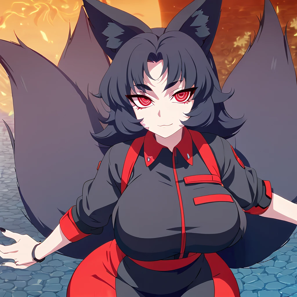 a beautiful detailed black kitsune girl, long black kitsune ears, multiple black kitsune tails, red and black mechanic outfit, 8k, anime style, red eyes, big breasts, extremely detailed eyes and face, ultra-detailed, 4k, high quality, vibrant colors, long black hair, mature woman, wide waist