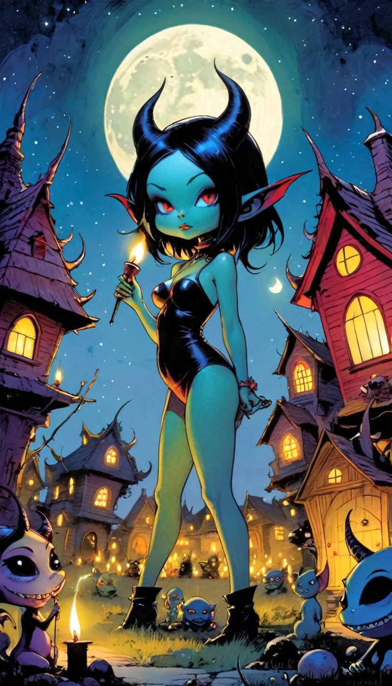 very sexy demon girl, does a ritual with candles at night, eroticism, sex sex sex, village of funny little demons, awesome landscape, funny little demons, magical, fantastic, night sky, moon, stars, cute, adorable, background ( demon houses (art inspired by Skottie Young and Bill Sienkiewicz).
