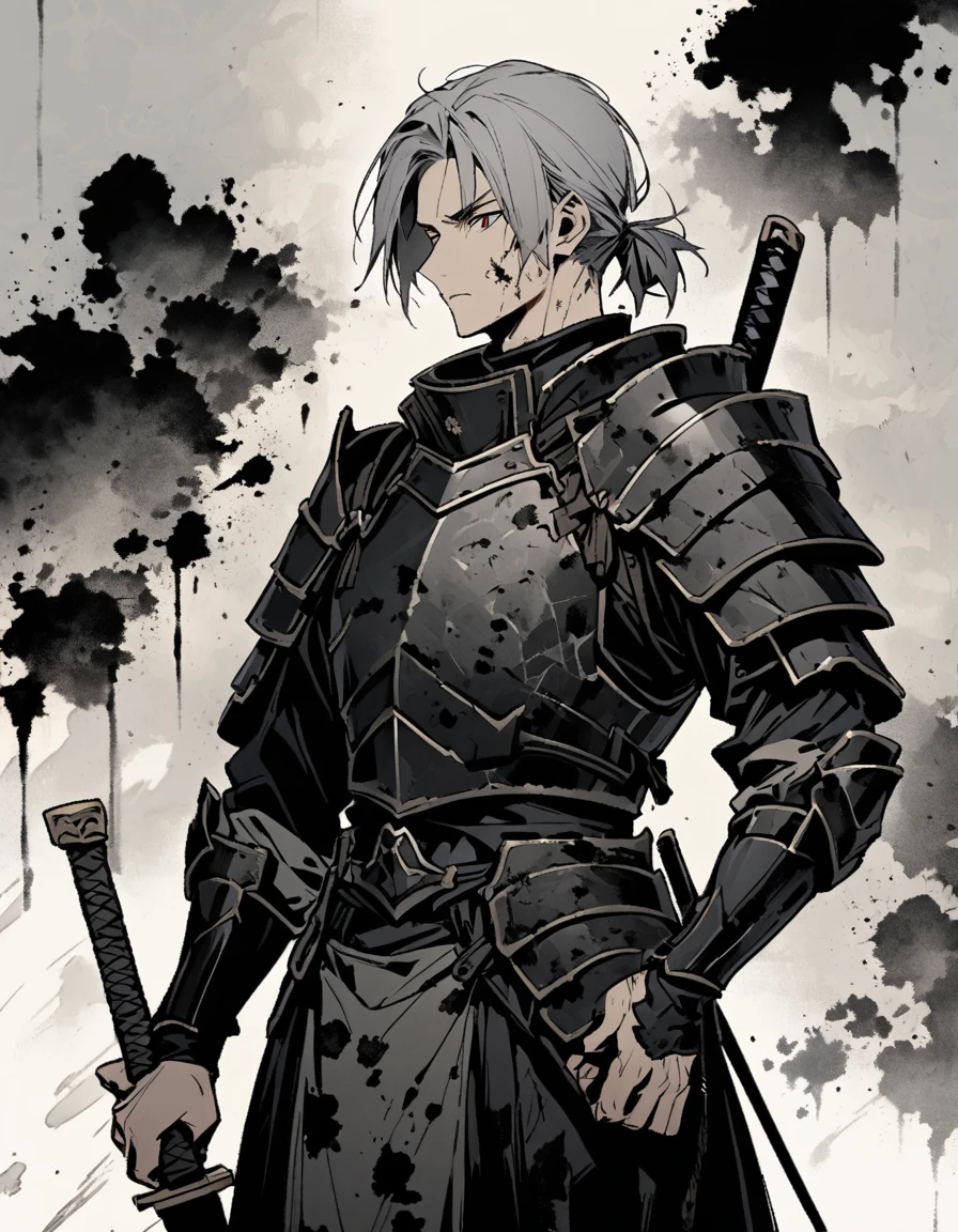 Man with long grey hair　28 years old　Holding a Japanese sword　Black armor is dirty and cracked　Ink Painting　