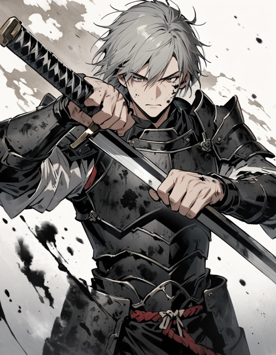 Man with long grey hair 28 years old Holding a Japanese sword Black armor is dirty and cracked Ink Painting