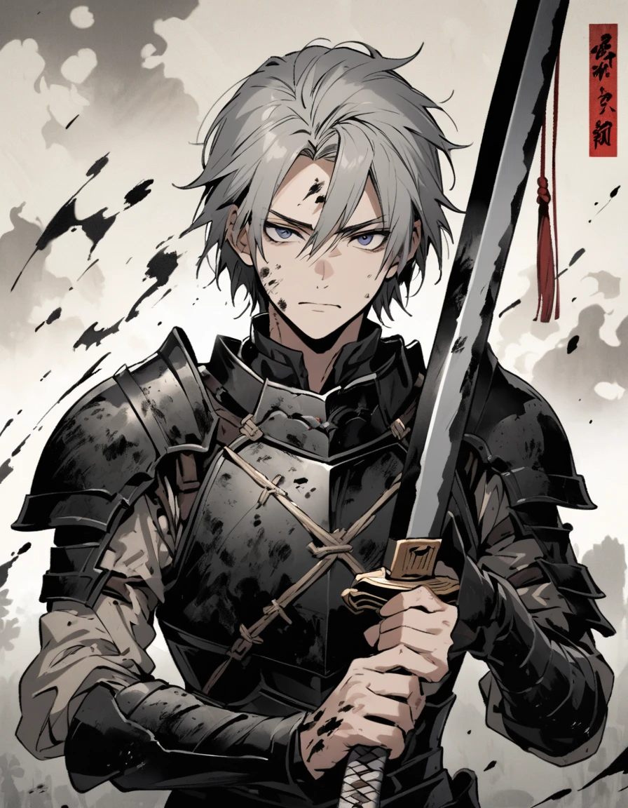 Man with long grey hair 28 years old Holding a Japanese sword Black armor is dirty and cracked Ink Painting