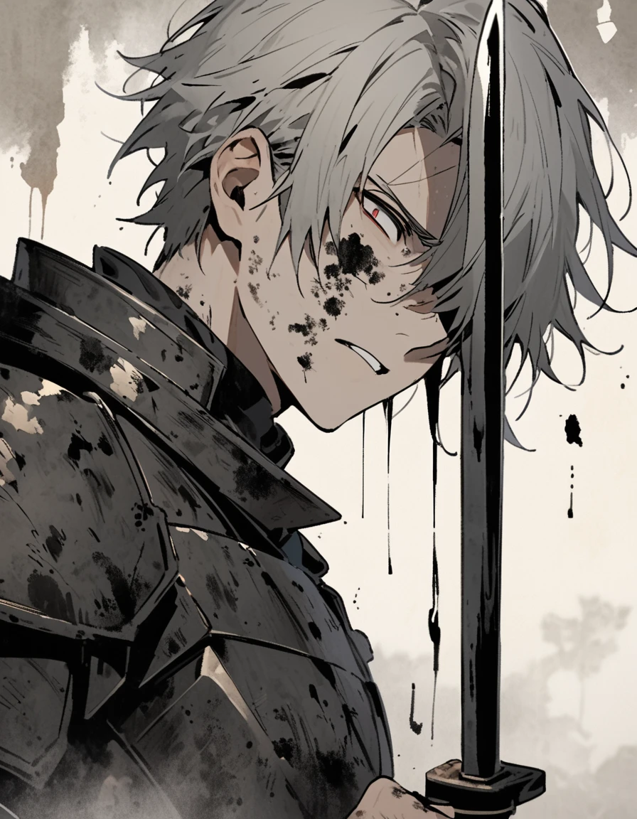 Man with long grey hair　28 years old　Holding a Japanese sword　Black armor is dirty and cracked　Ink Painting　