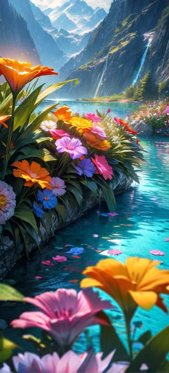 High quality, ultra realistic,absurdres, highres, ultra detailed, HDR, masterpiece, extremely detailed , beautiful colorful flowers , light blue lake , glowing