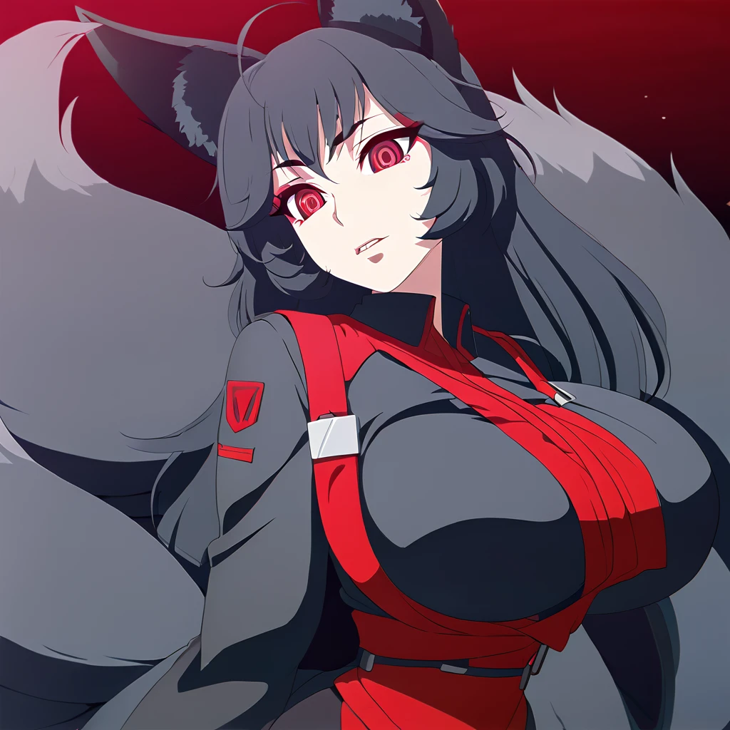 a beautiful detailed black kitsune girl, long black kitsune ears, multiple black kitsune tails, red and black mechanic outfit, 8k, anime style, red eyes, big breasts, extremely detailed eyes and face, ultra-detailed, 4k, high quality, vibrant colors, long black hair, mature woman, wide waist