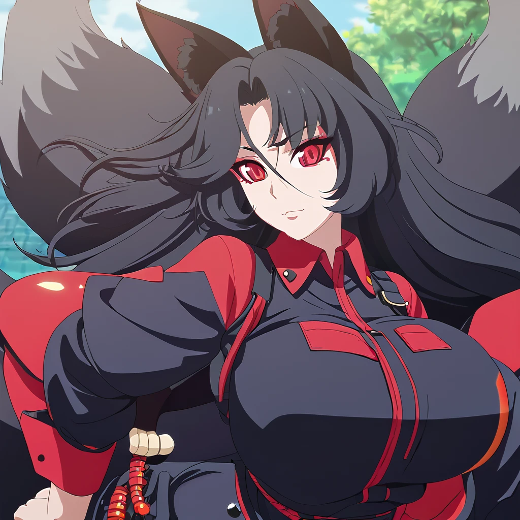 a beautiful detailed black kitsune girl, long black kitsune ears, multiple black kitsune tails, red and black mechanic outfit, 8k, anime style, red eyes, big breasts, extremely detailed eyes and face, ultra-detailed, 4k, high quality, vibrant colors, long black hair, mature woman, wide waist