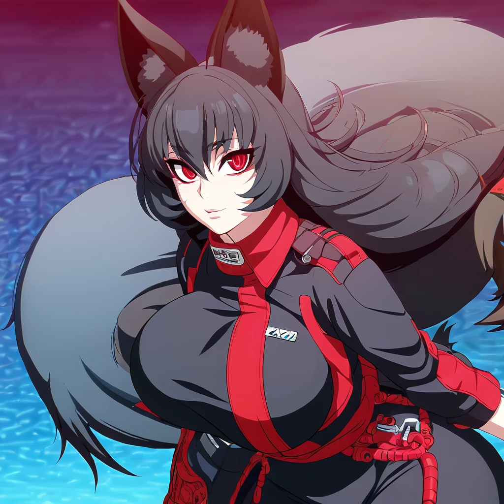 a beautiful detailed black kitsune girl, long black kitsune ears, multiple black kitsune tails, red and black mechanic outfit, 8k, anime style, red eyes, big breasts, extremely detailed eyes and face, ultra-detailed, 4k, high quality, vibrant colors, long black hair, mature woman, wide waist