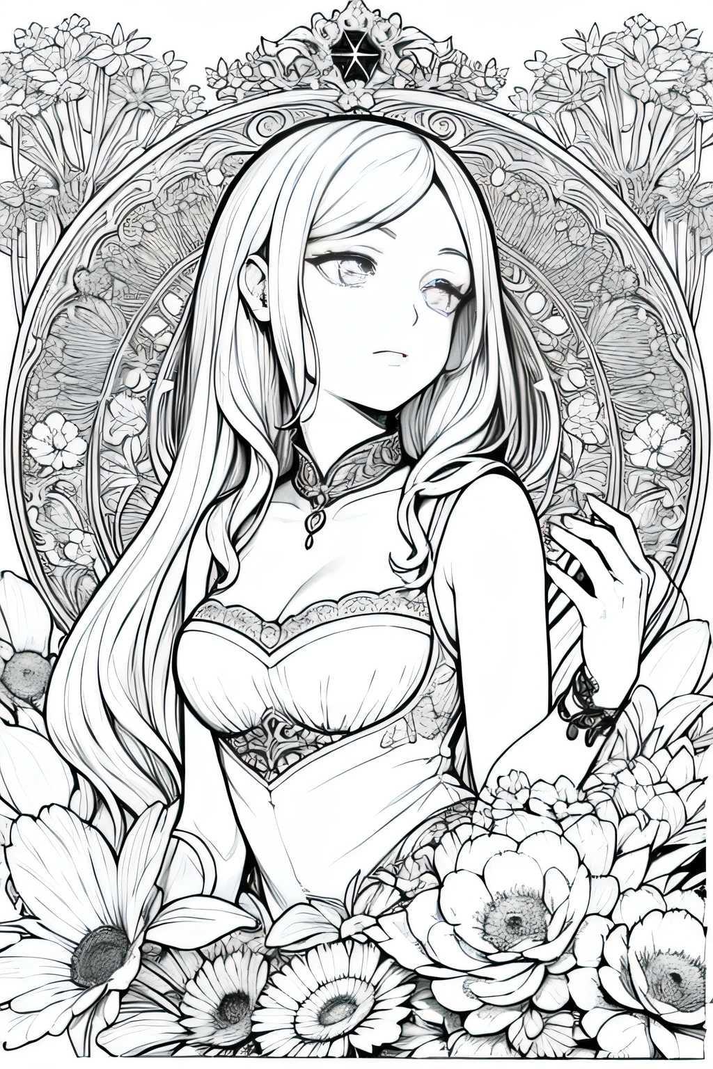 Mulher em uma floresta , primeiro plano, com arte de linha, monocromatic