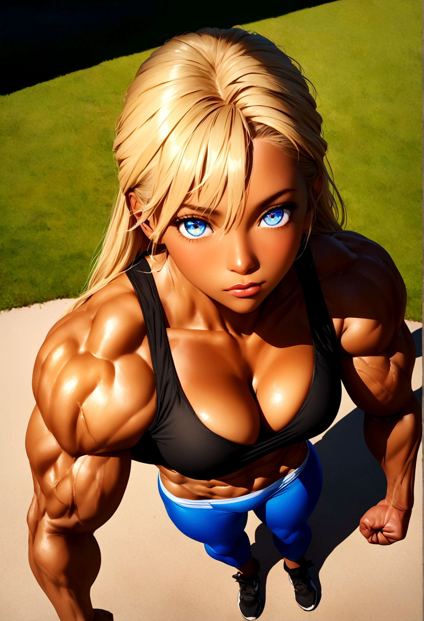 (Overhead view:1.4), RAW uhd photo of a 18-year-old, long flowing blonde hair, full body portrait, athletic, (muscular:1.2), natural firm breast, (flexing biceps:1.3), defined muscles, standing in a park,, (cleavage), detailed (textures!, hair!, shine, color!!), highly detailed glossy bright blue eyes, specular lighting, dslr, ultra quality, sharp focus, tack sharp, dof, (centered), Fujifilm XT3, crystal clear, center of frame, sharp focus, low key, detailed skin pores, tan, intricate eye detail, 6 pack abs , clothed only in tight gym panties, (no bra on) (no shirt on) even tan