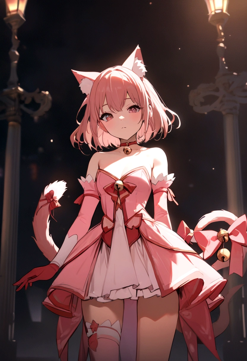 masterpiece, Highest quality, High resolution, mi1, Tail ornament, Tail Bow, gloves, Cat's Tail, Jingle bell, red gloves, Tail Bell, choker, Removable sleeves, Magical girl, Pink Dress, Strapless, Cowboy Shot, Outdoor, Are standing