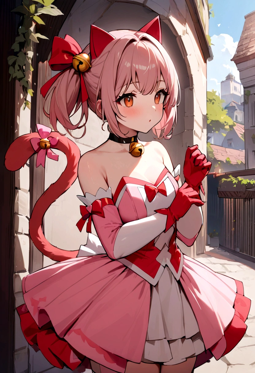 masterpiece, Highest quality, High resolution, mi1, Tail ornament, Tail Bow, gloves, Cat's Tail, Jingle bell, red gloves, Tail Bell, choker, Removable sleeves, Magical girl, Pink Dress, Strapless, Cowboy Shot, Outdoor, Are standing