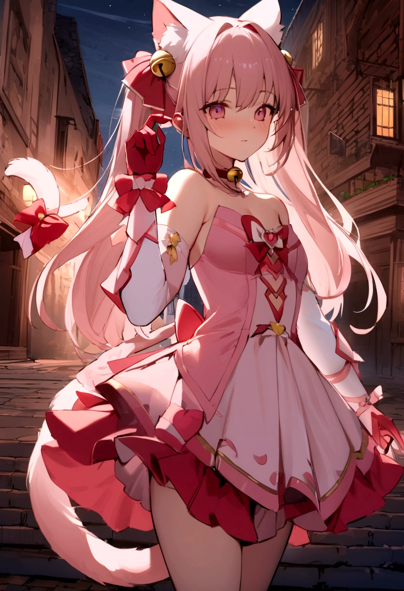 masterpiece, Highest quality, High resolution, mi1, Tail ornament, Tail Bow, gloves, Cat's Tail, Jingle bell, red gloves, Tail Bell, choker, Removable sleeves, Magical girl, Pink Dress, Strapless, Cowboy Shot, Outdoor, Are standing