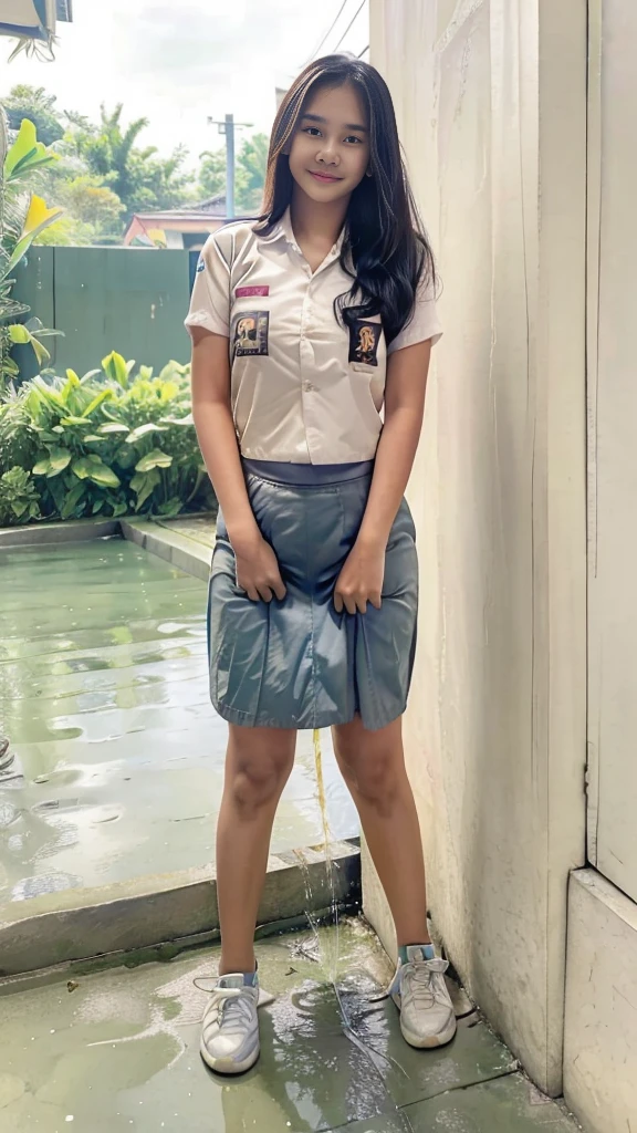 A girl with Indonesia face, approximately 16 ye girl can be seen in the process of peeing. Standing. Wet patch. Incontinence (urination:1.5) (peeing in skirt) (facw view to camera), scared expression.