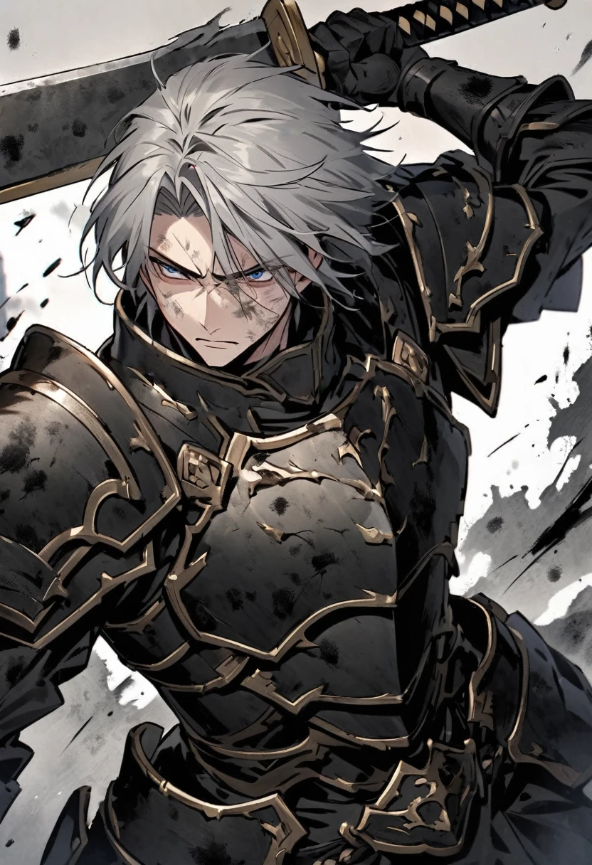 Man with long grey hair 28 years old Holding a Japanese sword Black armor is dirty and cracked Ink painting art