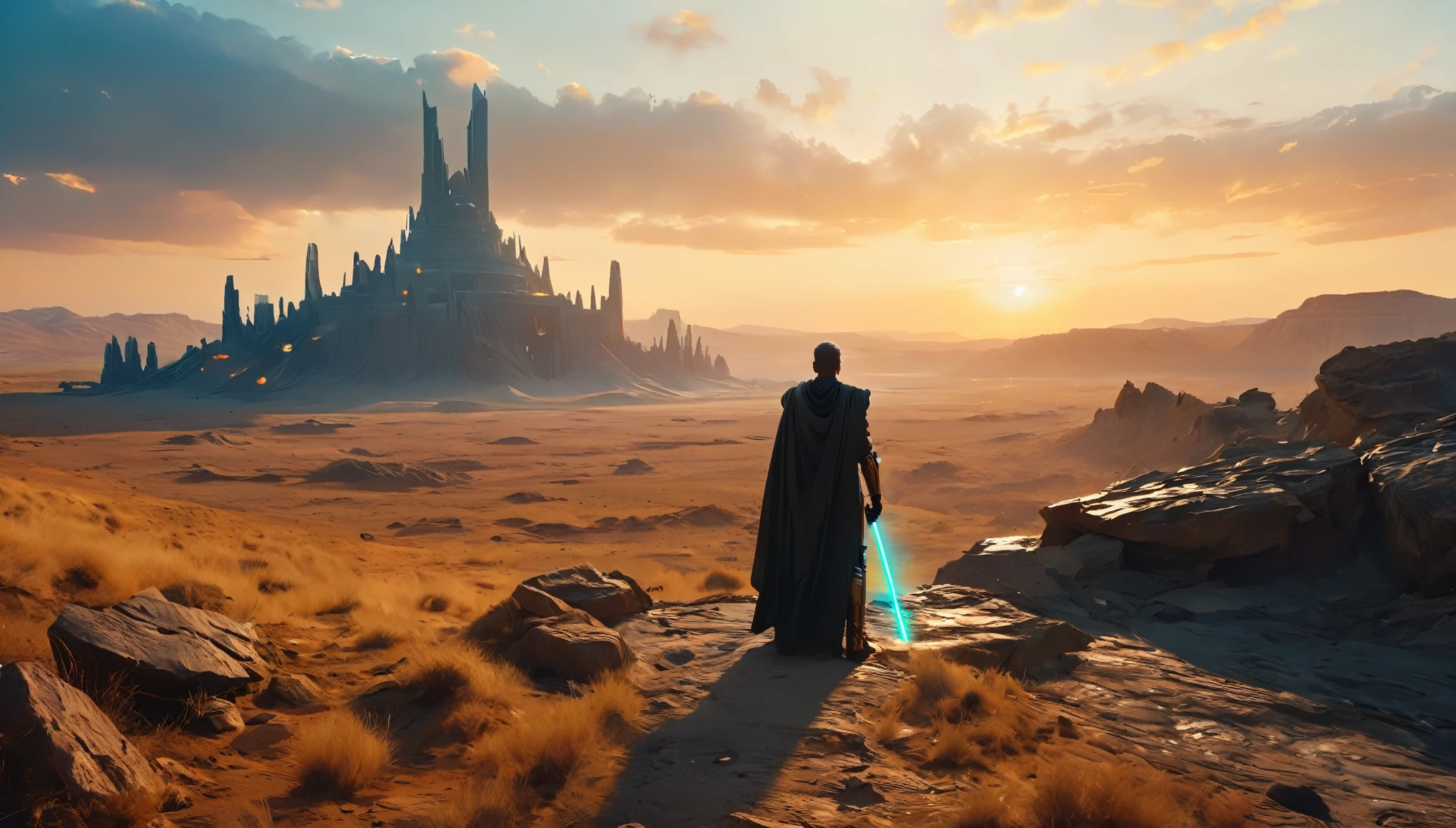 View a vast desert landscape bathed in golden twilight, evoking the iconic Star Wars look. No centro da cena, a Jedi in a flowing cape stands silhouetted against the orange sky, your glowing blue lightsaber in your hand, pronto para enfrentar qualquer desafio. The ruins of an ancient civilization rise majestically in the background, and the remains of a fallen AT-AT adorn the landscape. The atmosphere is charged with expectation, as if an epic battle was about to begin.hyper realistic composition,32k resolution,cinematic composition,cinematic color grading.photography whit Phaseone 85mm,death of field lens.