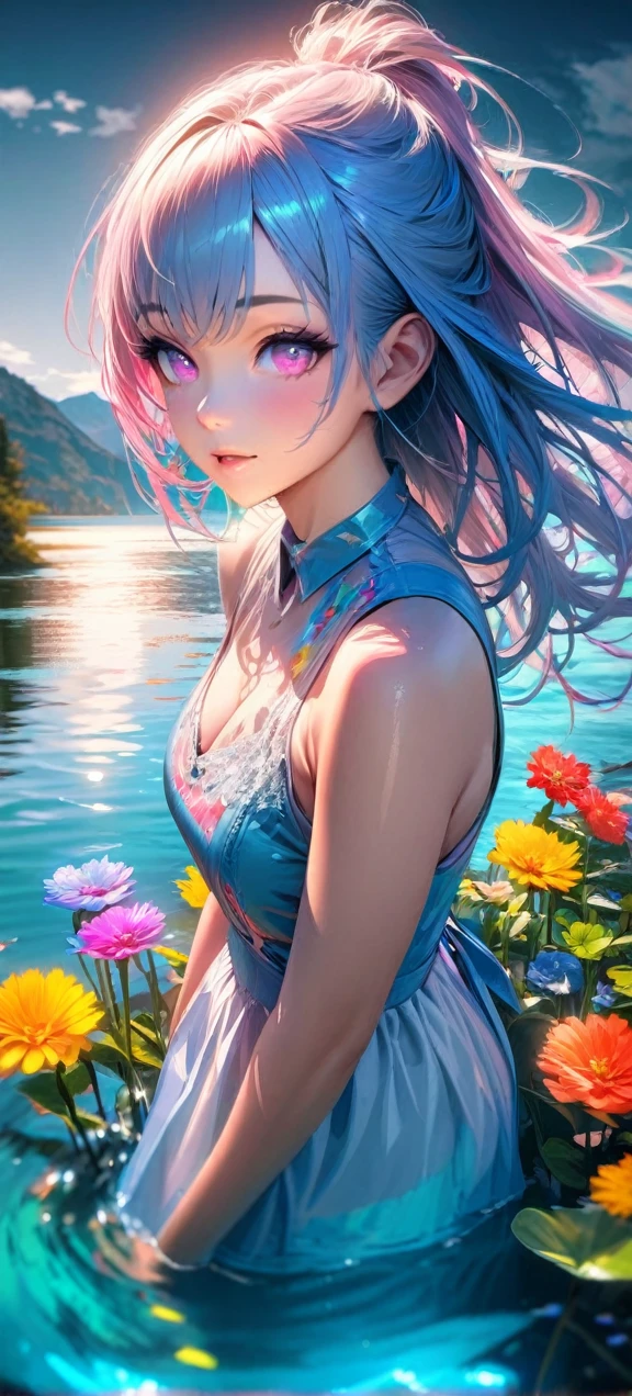 High quality, ultra realistic,absurdres, highres, ultra detailed, HDR, masterpiece, extremely detailed , beautiful colorful flowers , light blue lake , glowing , beautiful girl on lake