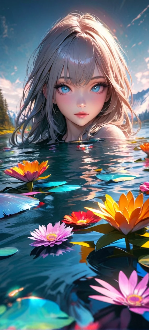 High quality, ultra realistic,absurdres, highres, ultra detailed, HDR, masterpiece, extremely detailed , beautiful colorful flowers , light blue lake , glowing , beautiful girl on lake
