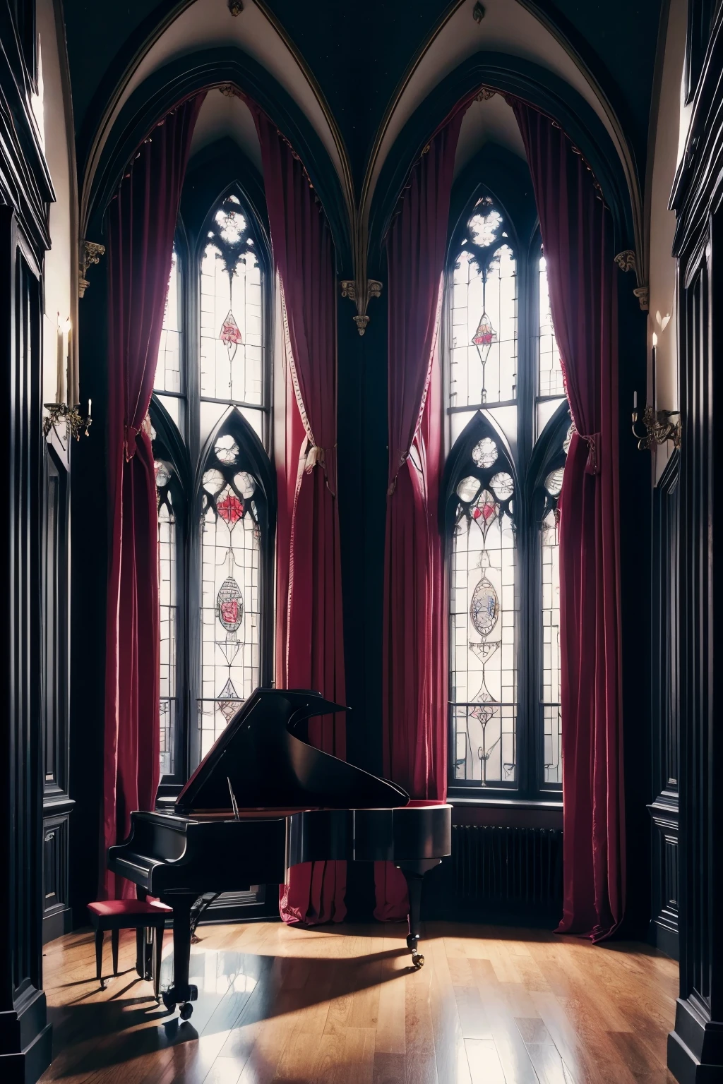 Gothic architecture room in black and burgundy with two windows ((yours outside is red)) com um piano de calda