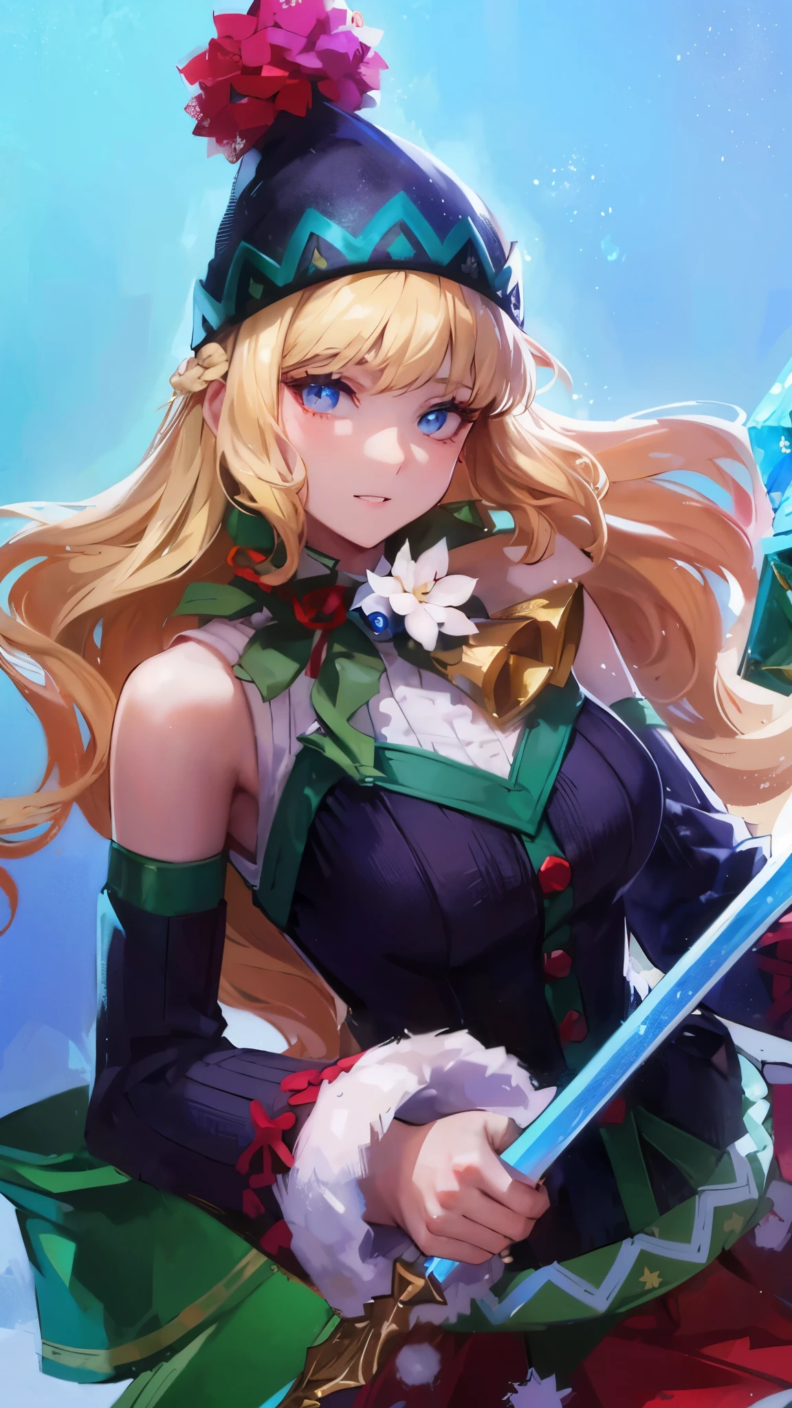 A beautiful young female anime character, 1girl, long blonde hair, wearing a Christmas outfit with a festive hat, hands posed as if holding a light blue magical staff, detailed facial features, vibrant colors, Christmas theme, (best quality,4k,8k,highres,masterpiece:1.2),ultra-detailed,extremely detailed eyes and face,beautiful detailed eyes,beautiful detailed lips,longeyelashes,thin smiling lips with few teeth visible