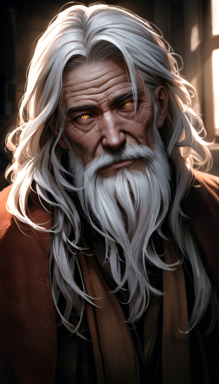 actor Keanu Reeve portrait dressed as a wizard, white beard, wrinkled, weathered, with piercing eyes, detailed face, high details, photography, Natural light, Nikon D850, 50mm, f/1.4, looking at viewer