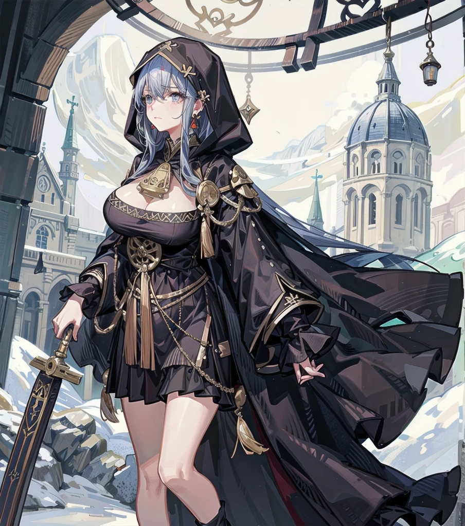 medium hair, big tits, tearful mole, earring, full body, fortune teller robes, in gipsy tent, skirt, face veil, robe, cloak,