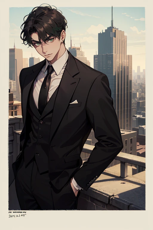 ((a young man in a black suit and tie)), taken in the early 2020s, gotham, alejandro, he looks very sophisticated, (((left side swept bang black short hair))), (dark green eyes and thick eyebrows), smirk. ((20 years old)), ((Black suite and black tie)), masterpiece, posture dynamic, one person