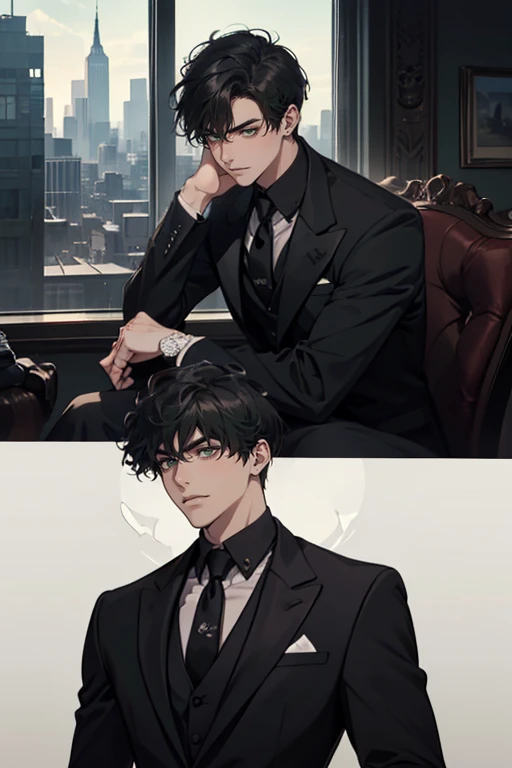 ((a young man in a black suit and tie)), taken in the early 2020s, gotham, alejandro, he looks very sophisticated, (((left side swept bang black short hair))), (dark green eyes and thick eyebrows), smirk. ((20 years old)), ((Black suite and black tie)), masterpiece, posture dynamic, one person