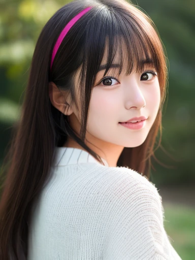 Realistic painting、Best image quality、cute日本の女の子、Beautiful Japanese Girl、1 Girl、(Miyu Ozono)19 years old、Highly detailed faceと肌の質感、sophistication、Highly detailed face、beautiful girl、Long Hair、With bangs、cute女の子、(lips are plump、especially the upper lip)、Please open your mouth a little、perfection、最高級のbeautiful girl、head band、cute、Sparkling eyes、Similar to Haruka Fukuhara、An even cuter face、世界一のbeautiful girl、shine、Back lighting