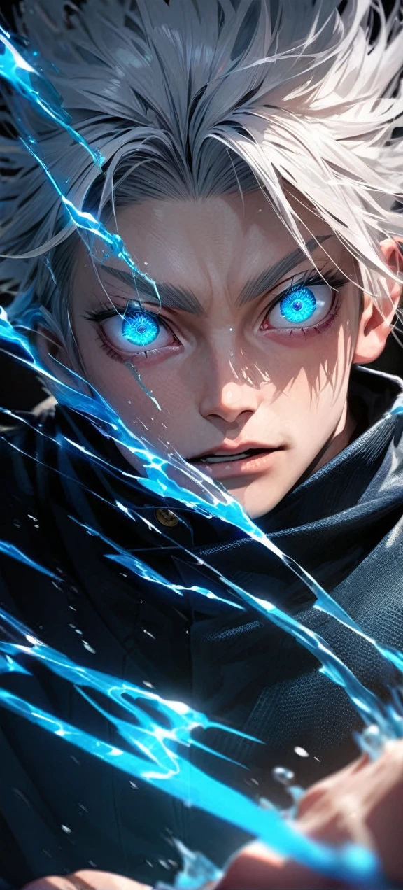 High quality, ultra realistic,absurdres, highres, ultra detailed, HDR, masterpiece, extremely detailed face and eyes, Gojo satoru , jujutsu kaisen,, white hair ,black shirt , solo, ,man, handsome, ,white eyeleshes, blue eyes , Epic fight scene, blue splashing effect,blue lightning effect,glowing glitters , close up,cool eyes, symetrical