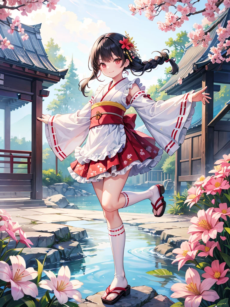 Pixai, complex details, high resolution, highest quality, high resolution,
Dynamic pose,
Outdoors,
Smile,
(Stand on your toes and stand on one leg),
(Extended arm: 1.2),
Break,
Single braid,
Black hair,
Red eyes,
(Flat chest: 1.1),
Frills, Japanese clothes, hair flowers, wide sleeves, kimonos, white knee socks, zettai ryouiki, floral prints, skirts, removable sleeves,
Apron,